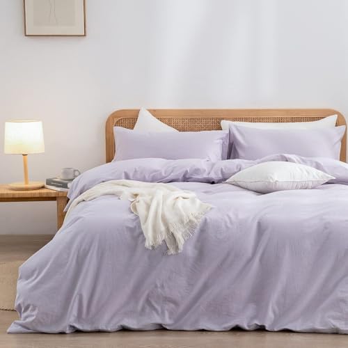 Image of BESTOUCH Cotton Solid Duvet Cover Set Linen Feel Taro Purple Alaska King | 100% Washed Cotton, Soft Wrinkle Texture, Hidden Zipper, 8 Ties, Breathable Lightweight Durable Comfy, 3 Pcs No Insert