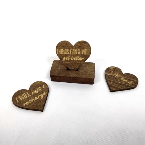Image of Two Pack of Sunny Lark Positive Affirmation Wood Cutouts | Two Sets of Identical 72 Laser Engraved Hearts with Positive Affirmation Messages | Includes Affirmation Holder | Daily Motivational Gift