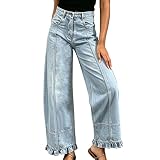 Women Solid Color Spliced Denim Pants Casual Ruched Hem...