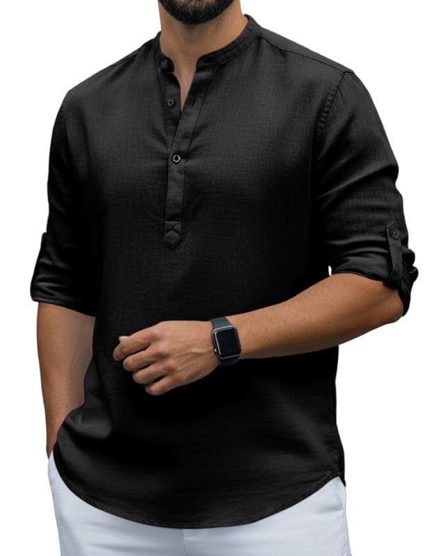 Image of Men Cotton Blend Mandarin Collar Casual Kurta Shirt | Roll-Up Sleeves | Regular Fit Ethnic Short Kurta for Daily