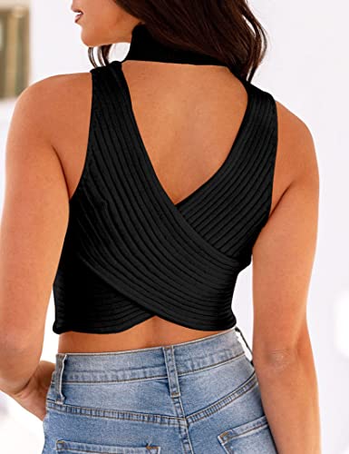 Amarmia Women's Summer Crossback Mock Neck Knit Crop Tops Cut Out Sweater Tank Sexy Turtleneck Sleeveless Ribbed Vest Black #TOP2