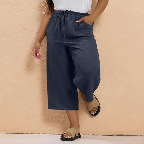 Plus Size Cropped Linen Pants Women Wide Leg Flowy Beach Pants with Pockets Lightweight Lounge Trousers4