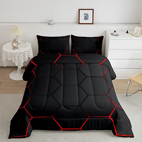 Honeycomb Bedding Set Honeycomb Modern Geometry Hexagon Theme Comforter Set For Kids Boys Children Geometrical Comforter Ultra Soft Beehive Black Red Decor Duvet Set Twin Size #TOP8