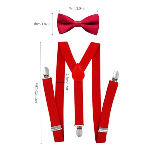 Tokaneit Hosenträger Fliegen Set,Hosenträger Fliegen Set,Kinder Hosenträger Fliege Sets,Y Form Einstellbar Hosenträger,Verstellbare Fliege und Hosenträger im Set,Bowtie Set,Hosenträger Elastisch Rot
