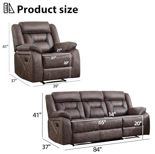 Image of EBELLO Manual Recliner Sofa Set, Faux Leather Reclining Living Room Furniture Set, Included Recliner Chair and 3 Seat Manual Recline Sofa, Grey
