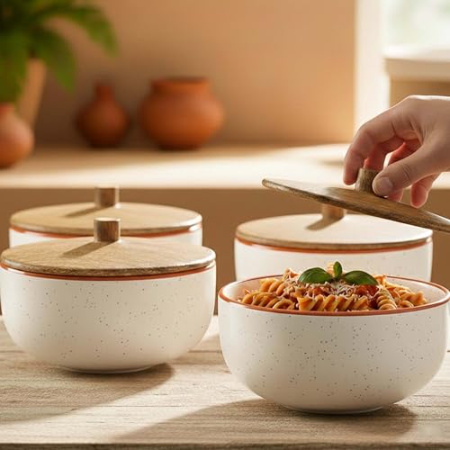 Image of The Earth Store White Marble Ceramic Bowl Set of 4 - 500ML Each with Nob Wooden Lid | Mixing Bowls for Snacks, Rice, Dal, Fruits, Salad Microwave Safe Bowl with Lid Perfect Gifting & Daily Use