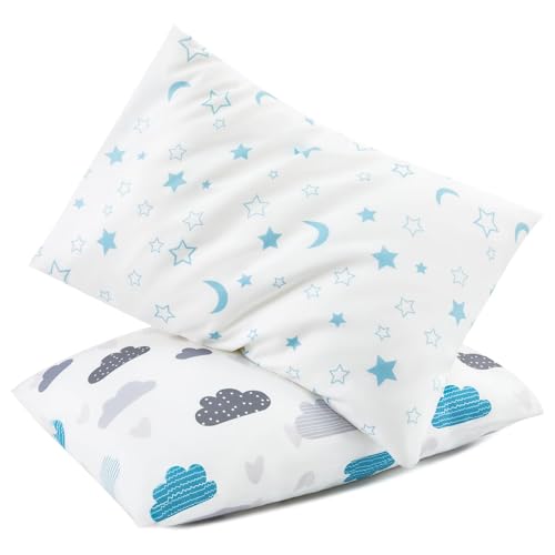 Image of TILLYOU Toddler Pillowcase 2 Pack with Envelope Closure,Silky Soft Microfiber 13" x 18" Kids Travel Pillow Cases,Blue Clouds & Blue Stars