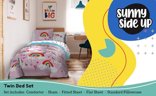 Image of Sunny Side Up Rainbow Unicorns Twin Comforter Set - 5 Piece Kids Bedding Includes Comforter, Sheets & Pillow Cover - Super Soft Pink Floral Microfiber Bed Set