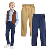 HILEELANG Boys Chino Pants 2 Pack, Cotton Stretch Pull-On School and Everyday Pants in Khaki and Navy with Elastic Waist and Pockets 1PC 4-5Y