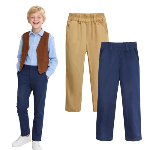 HILEELANG Boys Chino Pants 2 Pack, Cotton Stretch Pull-On School and Everyday Pants in Khaki and Navy with Elastic Waist and Pockets 1PC 4-5Y
