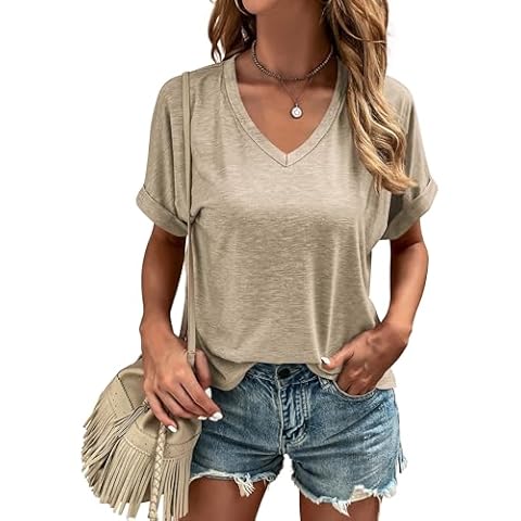FOWSMON Basic T Shirt for Womens Casual V Neck Short Sleeve Summer Tshirts 2024 Solid Tee Tops Apricot Cover