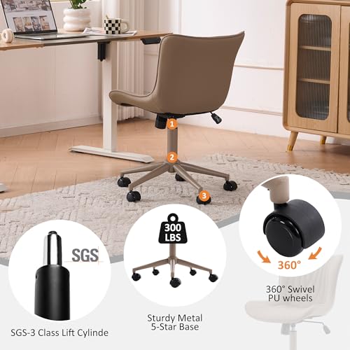 Image of YOUTASTE All Khaki Office Chair, Modern Armless Desk Chair with Back, Adjustable Swivel Rolling Faux Leather Task Chair with Wheels Metal Base for Home Office, Study, or Vanity