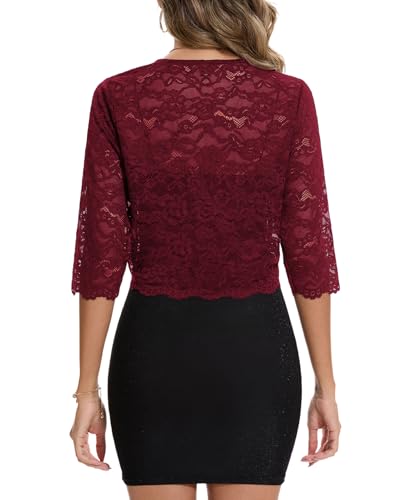 Image of MINTLIMIT Women's Elegant Floral Lace Shrug Bolero Summer Lightweight 3 /4 Sleeve Hook Open Front Cropped Cardigan for Dresses