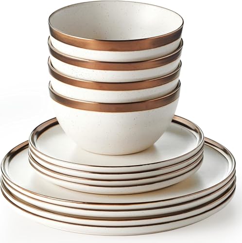 Luna Collection by Maison Neuve Stoneware Dinnerware Set for 4 (Cream-Bronze Rim, 01249R)