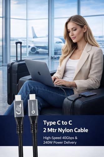 Image of Q- CONNECT Type C to Type C 2Mtr USB 3.2 with 240W PD and 40Gbps Data Transfer with 4K /60Hz Video Transmission-Nylon Braided High Speed Charging /Sync Cable with Aluminum Connector (2year warranty)