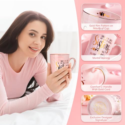 Sister Gifts - Sister Birthday Gifts Christmas Birthday Gift for Soul Sisters, 14Oz Pink Marble Ceramic Gold Print Coffee Mug with Spoon Lid Card, Nice Box - Image 4
