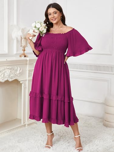 Image of SCOMCHIC Women's Plus Size Maxi Dresses Summer Short Sleeve Square Neck Smocked Wedding Guest Cocktail Boho Long Dress