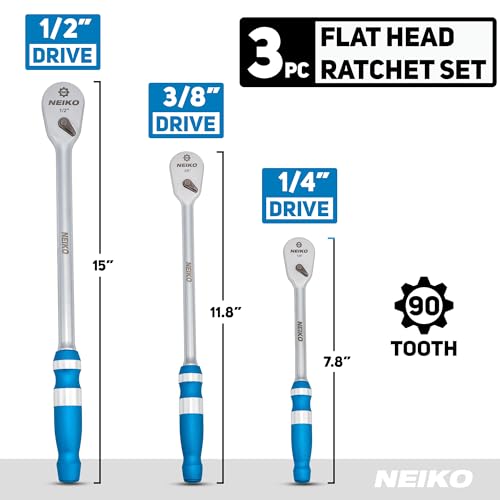 Image of NEIKO 03006A Flat Head Ratchet Set - 3 Piece Low Profile 1 /4, 3 /8, 1 /2 Inch Drive, 90 Teeth, Anodized Textured Grip Handle, Long Handle, Sealed Head, Cr-Mo