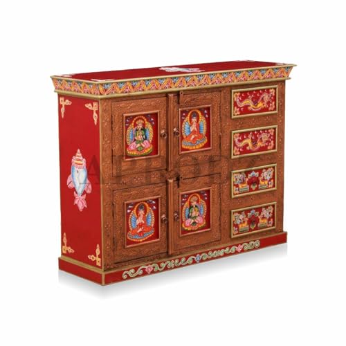 Image of APRODZ Hand-Painted Solid Wood Sideboard Cabinet with Multi Drawers | Wooden Storage Cabinet for Bedroom Living Room & Kitchen | Crockery Cabinet, Kitchen Storage | Multicolor, 45x16x36 Inches