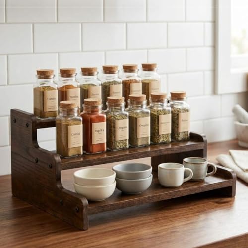 Image of 3 Tier Wooden Spice Rack Kitchen Organizer Rack for Countertop | Wooden Spice Rack Stand for Kitchen Counter | Kitchen Shelf Organizer & Cabinet Shelf Riser | Decorative Masala Rack Storage