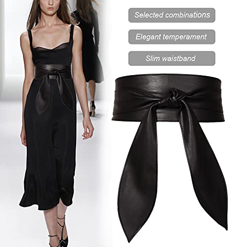 Women Obi Belt Bow Tie Wrap Wide Waistband Faux Leather Wide Cinch Belt for Dresses - Black2