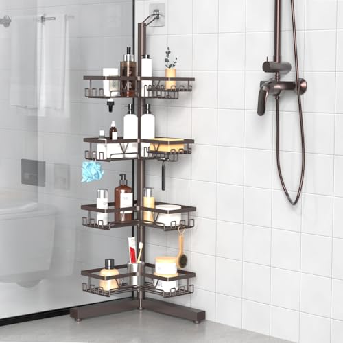 Image of KEGII Floor Corner Shower Caddy Standing, Rustproof 4-Tier Shower Shelf Organizer with Hooks & Soap Holder, Free-Standing Bathroom Storage Rack for Shampoo & Toiletries, Bronze