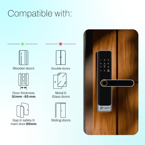 Image of Mygate Smart Door Lock SE with 6 Unlock Methods | Fingerprint, OTP, PIN, RFID Card, Key & Mobile App Access | Unauthorized Freeze & Pin Decoy | Remote Unlocking via OTP| 3-Year Warranty by Mygate