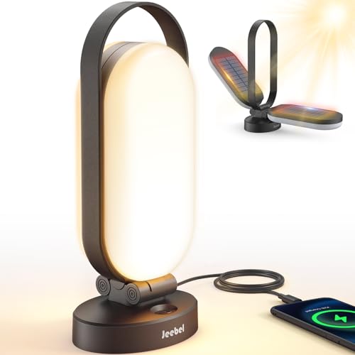 Jeebel Candeeiro de campismo solar, lanterna LED recarregável dobrável com bateria externa de 5000 mAh, toque regulável, 4 modos, IP55, luz para tenda de exterior/excursão/emergência/corte de corrente