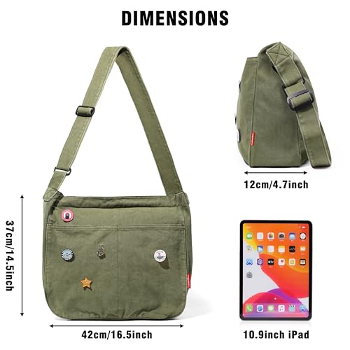 Captain Blues Canvas Messenger Bag, Große Kuriertasche mit Multi-Pockets, Canvas Tasche Shoulder Bag für Damen & Herren, Messenger Bags School Y2K (Grün)