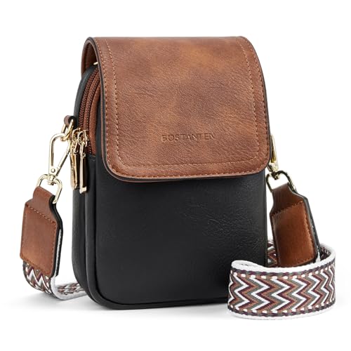 BOSTANTEN Bolsas pequenas transversais femininas para celular, carteira de couro com compartimentos para cartões, C01-marrom com preto, Bolsa tiracolo