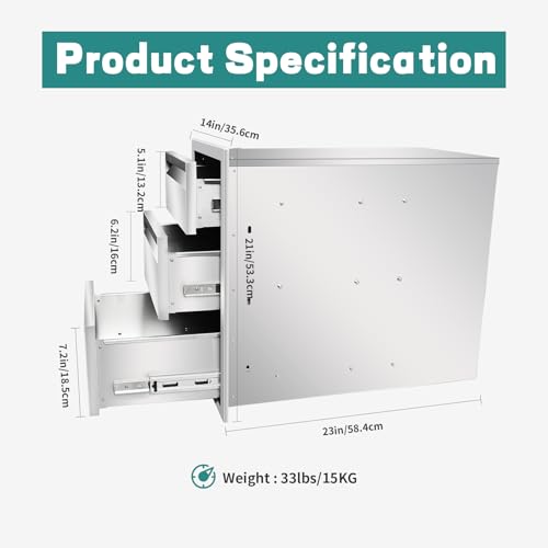 Image of Outdoor Kitchen Drawers 14 inch W x 21 inch H x 23 inch D Stainless Steel Drawer BBQ Triple Drawers with Hidden Handle for Outdoor Kitchen Island, Patio Grill Station