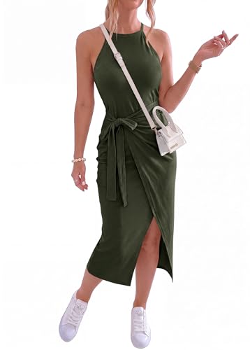Image of NOLLSOM Women Casual Sleeveless Striped Tank Midi Dresses Halter Neck Ruched Bodycon Dresses Tie Waist T Shirt Summer Dress