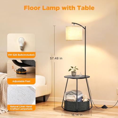 Image of LUTEC Floor Lamp with Table, Night Stand with Lamp, Round SideTable with Fabric Basket, 3 Color Temperatures 9W LED Bulb, Modern End Table for Bedroom, Living Room, Black
