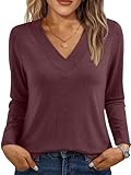 AUTOMET Long Sleeve Shirts for Womens Tops Spring Outfits 2026 T Shirts V Neck Casual Top Comfortable Shirt Soft Basic Tees Women Blouses WineRed XL