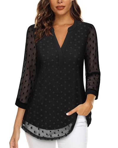 Timeson Fall Tops: Plus Size - Black Blouses - Tunic Tops 3/4 Sleeve Dress Shirts - Professional Formal Business Attire Black Dots 2XL