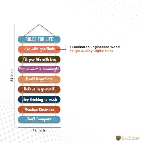 Artvibes Rules for Life Quotes Printed Mdf Wooden Wall Hanging | Living Room | Office | Home Decor Items | Gifts | Wall Art For Hall | Modern Wall Decorative Accessories for Home Decoration (WH_9310N)