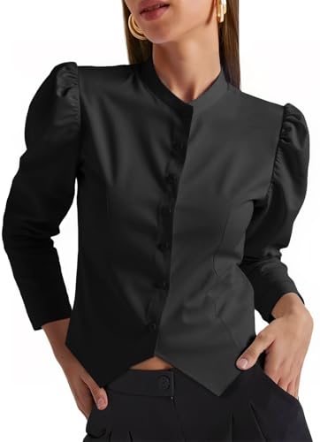 Chemisier en coton haut de gamme Tankaneo manches bouffantes et col montant boutonné