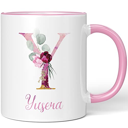 JUNIWORDS Tasse, Yusera, Name Anfangsbuchstabe Initial Alphabet Floral Buchstabe Y Monogramm Motiv, Rosa (5550403)