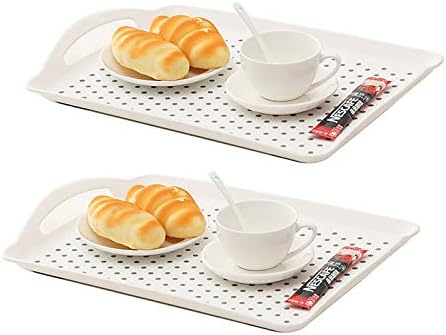 2Pcs Rectangle Anti-Slip Food Serving Tray with Handles, Non Skid Multipurpose Tray for Breakfast Food Drink Trays (White)
