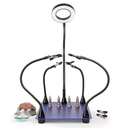 Soldering Helping Hands Kit – Helping Hands Soldering Station with Magnifying Lamp, Fixed Arms, Brass Sponge Cleaner & Desolder Wick Braid for Electronic Repair Tools & DIY Projects