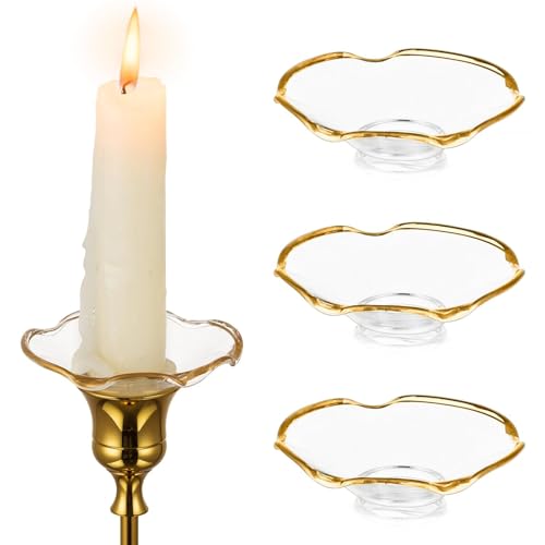 Hewory Glass Bobeches for Candlesticks 3 Pcs Wax Drip Catcher Gold Rim