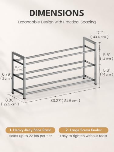 Image of Bumusty 3-Tier Expandable Shoe Rack for Closet, 18 inch-33 inch Adjustable Shoe Rack for Small Space, Small Shoe Organizer for Front Door, Sturdy Metal, Light Grey