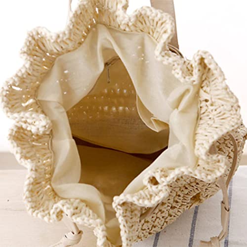 Image of Women Knapsack Crochet Woven Straw Backpack with Leather Straps Shoulder Bags Drawstring Backpack Summer Holiday Beach Tote Beige Rucksack