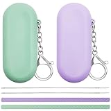 2 Set Silicone Straws with Case, Reusable Travel Straw Cruise Ship Essentials, Foldable Portable Straw + Deep Cleaning Brush + Carry Case with Keychain, for Travel & Party Cold or Hot (Green & Purple)