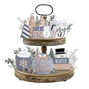 Winter Tiered Tray Decor, Gray Winter Snowflakes Tray Decorations Set, Let It Snow Snowman Hot Cocoa Wooden Signs, Christmas Rustic Home Decor for Tabletop Shelf Mantel Party