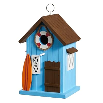 Glitzhome 10" H Hanging Birdhouse Modern Solid Wood Blue Decorative Garden Bird House for Outdoor
