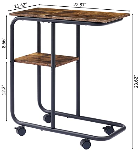 Tajsoon C Shaped End Table With Wheels, Small Side Table With Storage And Lockable Wheels,C Shaped Side Table For Couch, Sofa And Bed, Large Desktop C Table For Living Room, Bedroom, Rustic Brown #TOP2