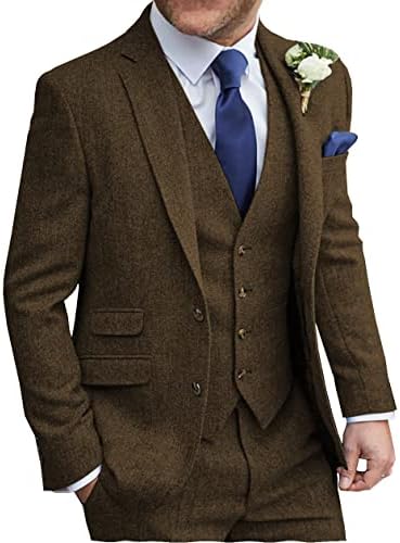MoranX Men's Suits Formal Regular Fit 3 Piece Herringbone Tweed Wool Business Jacket Tuxedos Blazer+Vest+Pants Wedding(Brown,36R)