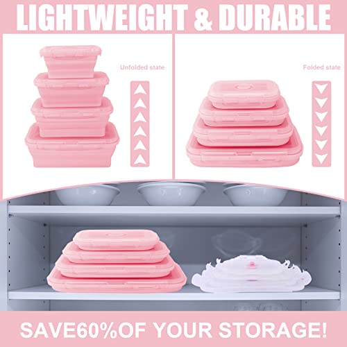 Collapsible Silicone Food Storage Containers With Lids,Set Of 4 Silicone Lunch Box Containers,Foldable Meal Prep Container For Kitchen,Microwave & Dishwasher & Freezer Safe,Bpa Free(Square Pink,4Pcs) #TOP4