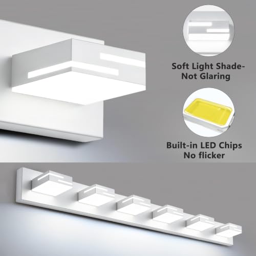 Image of LED Modern Bathroom Vanity Light Fixtures, Dimmable White Vanity Lights for Bathroom Lighting Fixtures Over Mirror, with 360 Rotatable Acrylic Heads 6-Light 42-inch (Cool White 6000K)